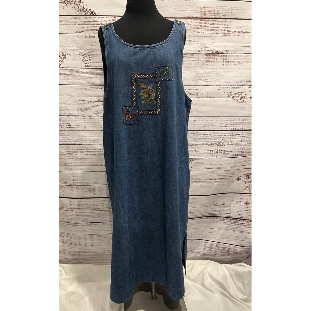 Vintage Original TY Wear Size 16W Denim Jumper Fall Leaves Embroidered Dress